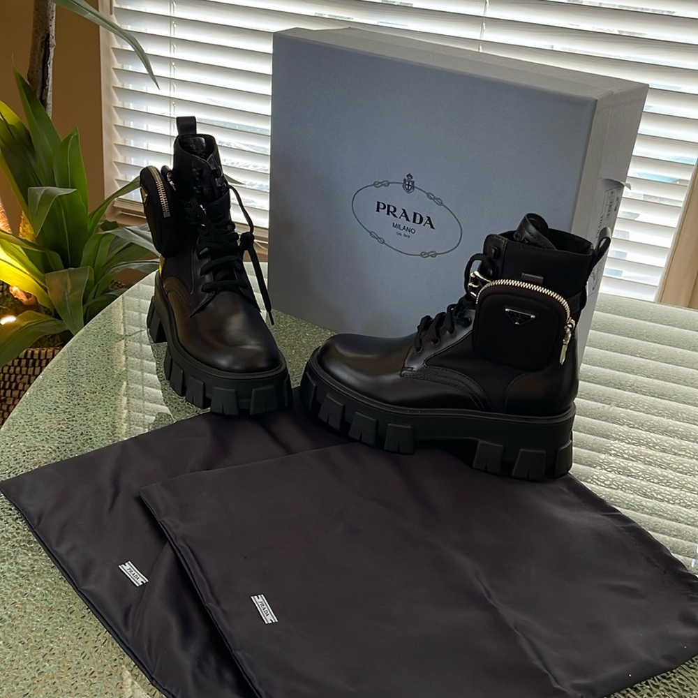 PRADA Monolith Leather and Re-Nylon Combat Boot w/zipper pouches NWT